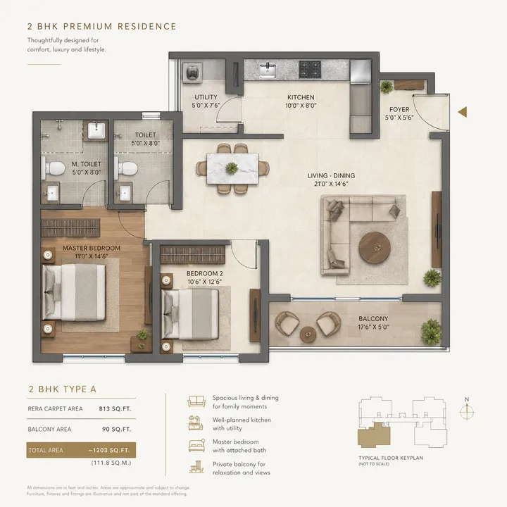 2 BHK floor plan at Residential at The Prestige Place