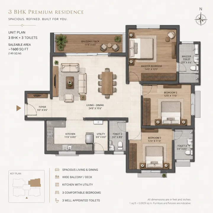 3 BHK floor plan at Residential at The Prestige Place